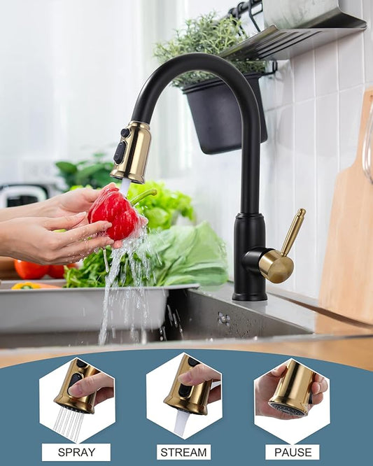 Black Gold Kitchen Faucet with Sprayer: WOWOW 304 Stainless Steel Kitchen Sink Faucet for 1 or 3 Hole, High Arc Single Handle Mixer Taps with Deck Plate, Vintage Style