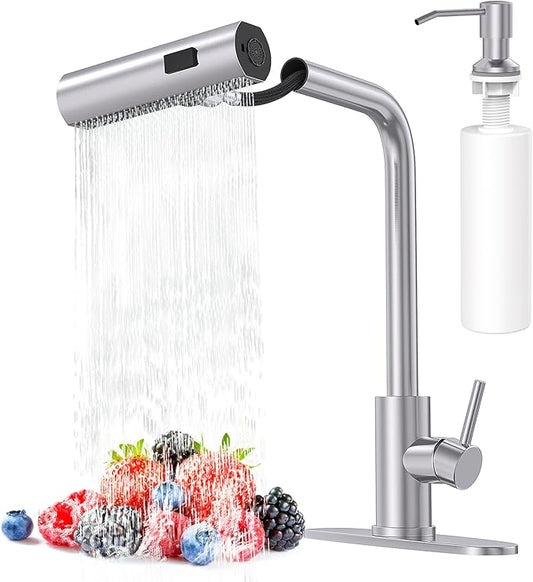 AVSIILE Brushed Nickel Kitchen Faucets with Pull Down Sprayer & Soap Dispenser, Single Hole & Handle, Pull Out Tap, Waterfall Stainless Steel Sink Faucet for Farmhouse Camper Laundry Rv Bar