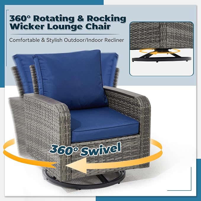 5 Pieces Outdoor Furniture Set with Swivel Chairs, Wicker Patio Furniture for Porch Deck Bistro Lawn Garden Backyard Poolside（Blue）