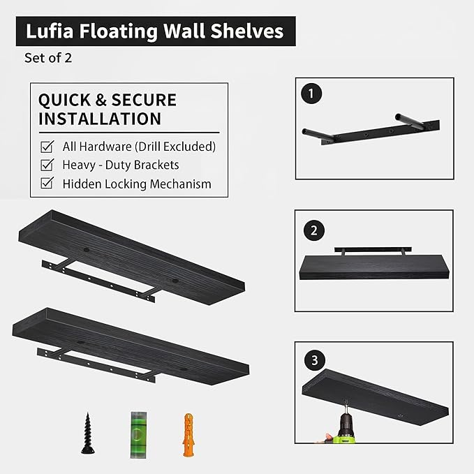 Lufia Floating Wall Shelves, Set of 2, MDF with Invisible Brackets, Modern Storage for Bedroom, Bathroom, Living Room, Kitchen (Black, 28" W x 7" D x 1.5" H)