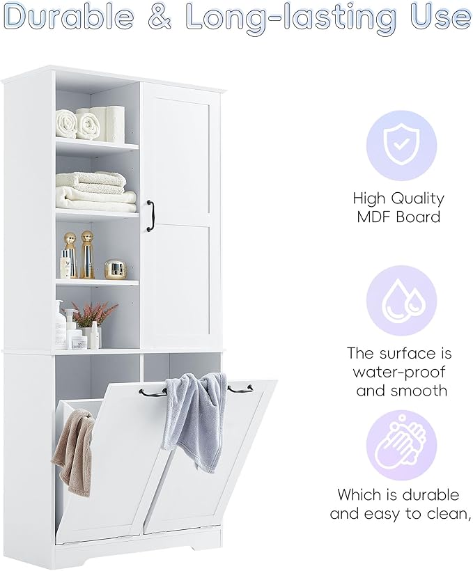 68" Tall Bathroom Storage Cabinet with One Door and Two Laundry Hampers for Home Display Organizer, Adjustable Shelf, White