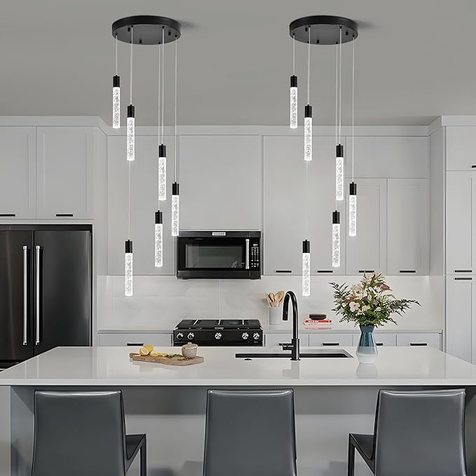 6 Light Pendant Lights Kitchen Island,Modern LED Bubble Crystal Pendants with Dimmable 3000K-6000K Ceiling Hanging Light Fixture for Dining Room Bedroom,Matte Black Finish,Adjustable Height 78"