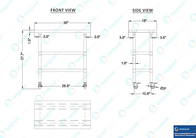 Stainless Steel Work Table with 2 Shelves and Casters | Kitchen Island Food Prep | Laundry Garage Utility Bench | NSF Certified (36" Long x 18" Deep)