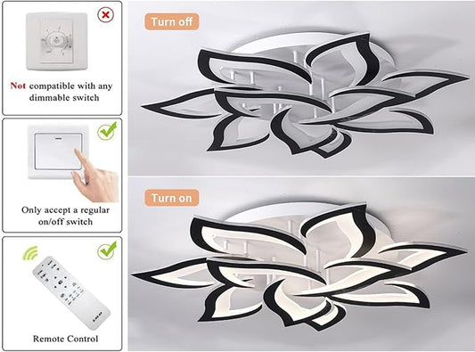 Garwarm Modern LED Ceiling Lights,Dimmable Flush Mount Ceiling Lamp Fixture, Black Petals Flower Shape Ceiling Light Chandelier Lighting for Bedroom Living Dining Room (72W, Black)