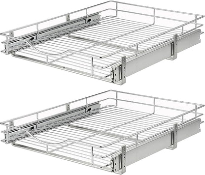 DINDON Pull Out Cabinet Organizer, (17" W x 21" D) Heavy-Duty Metal Sliding Drawer Shelf, Bathroom Under Sink Kitchen Cabinets Organizer and Storage Slide Out Shelves, Chrome, 1 Tier, 2 Pack