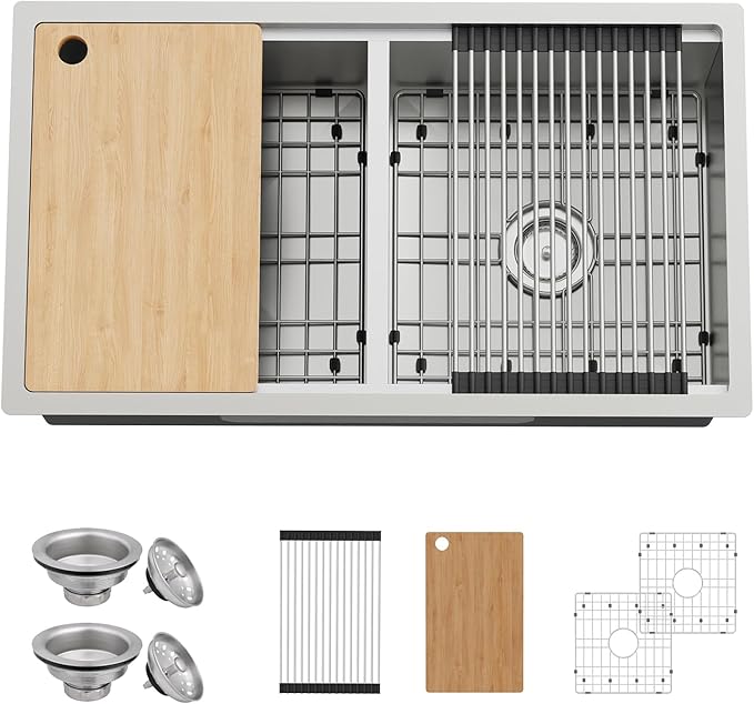 33"x19" Kitchen Sink Workstation - 50/50 Double Bowl Stainless Steel Undermount Kitchen Sink Built-in Ledge Drop In Workstation Sink For Placing/Sliding Accessories-Cutting Board,Drying Rack
