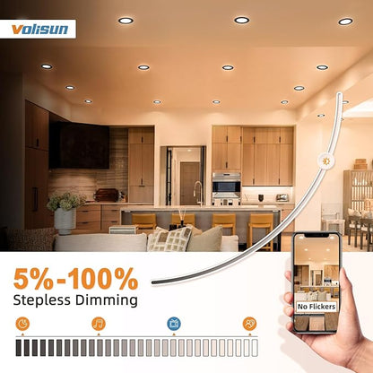 VOLISUN 12 Pack 4 inch Recessed Lighting, 5CCT LED Recessed Light Black, 2700K-5000K Selectable, 9.5W Eqv 80W, 810LM Dimmable Canless Wafer Downlight, LED Ceiling Light ETL Certificated