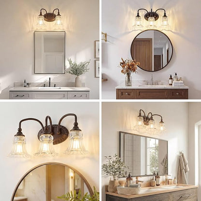 3-Light Bathroom Light Fixtures Vintage Oil Rubbed Bronze Vanity Lights Over Mirror with Floral Glass Shade for Bathroom Powder Room, Living Room Hallway