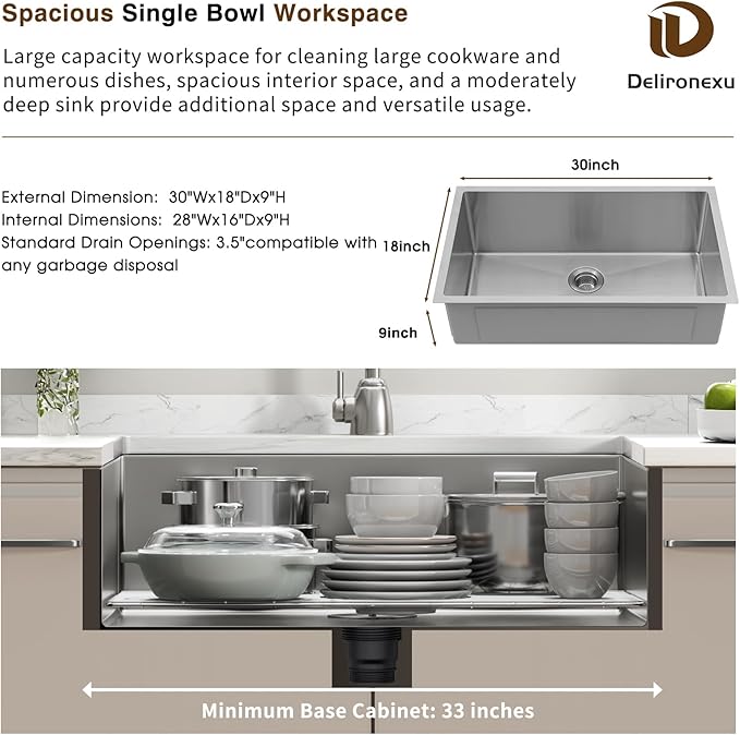 30 Inch Undermount Kitchen Sink - Delironexu 16 Gauge Stainless Steel Handmade Single Bowl Kitchen Sinks with Brushed Finish and Accessories, Modern Sink,30"x18"x9"