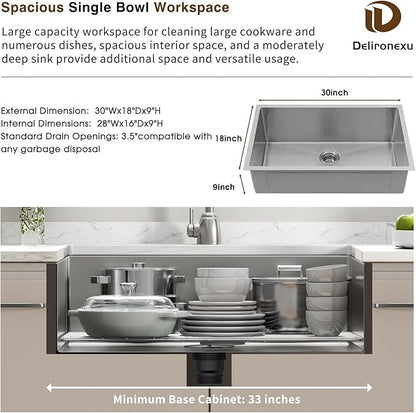 30 Inch Undermount Kitchen Sink - Delironexu 16 Gauge Stainless Steel Handmade Single Bowl Kitchen Sinks with Brushed Finish and Accessories, Modern Sink,30"x18"x9"