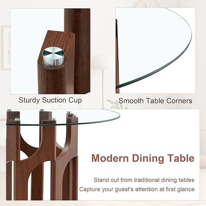 Glass Round Dining Table for 4 6 Person, 46 Inch Glass Kitchen Dining Room Table with Wooden Walnut Pedestal Base,Modern Circle Clear Glass Top Dinner Table for Small Spaces Home/Apartment