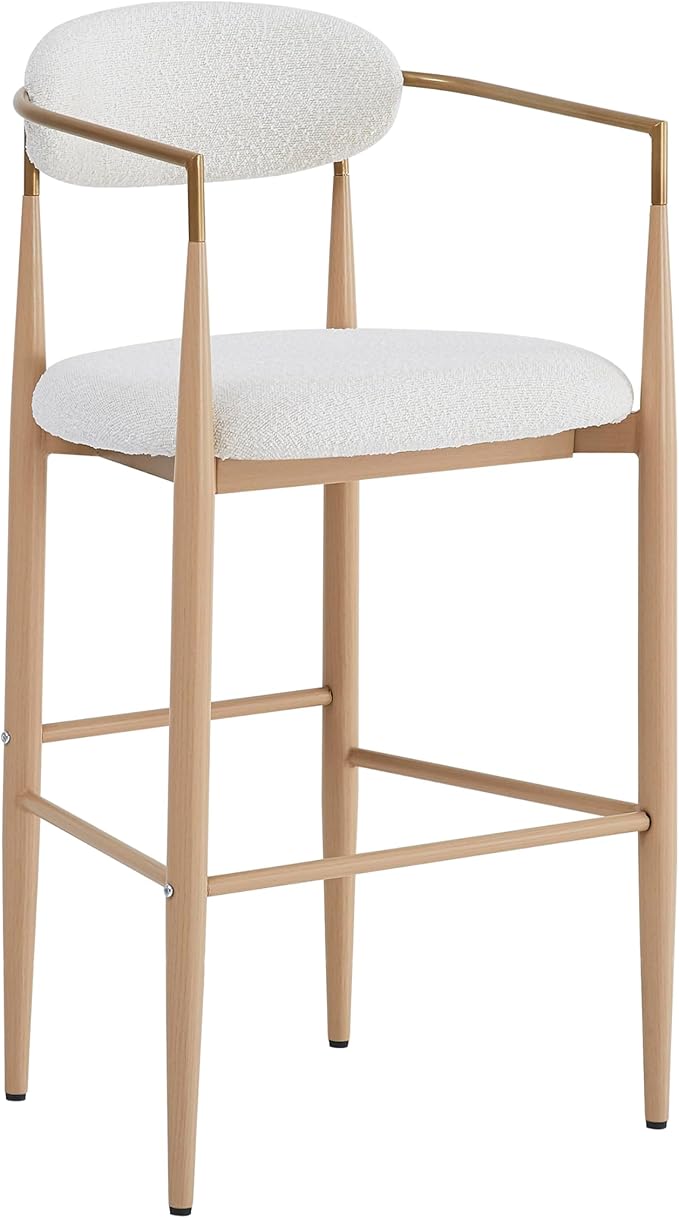 Bar stools Set of 2, Upholstered Bar Stools with Back for Kitchen Island, Beige Fabric Seating Natural Wood Iron Legs 260LBS Weight Capacity