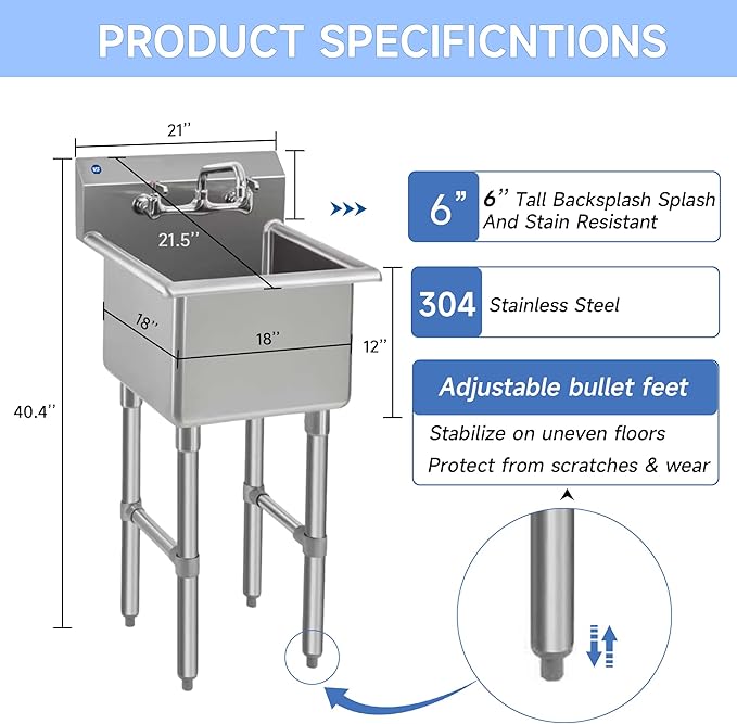 ROCKPOINT Stainless Steel Prep & Utility Sink with 8" Faucet, 1 Compartment Commercial Handmade Sink with 18" D x 18" W x 12" H Bowl for Restaurant,Kitchen,Laundry,Hotel and Home