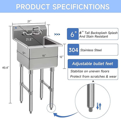 ROCKPOINT Stainless Steel Prep & Utility Sink with 8" Faucet, 1 Compartment Commercial Handmade Sink with 18" D x 18" W x 12" H Bowl for Restaurant,Kitchen,Laundry,Hotel and Home