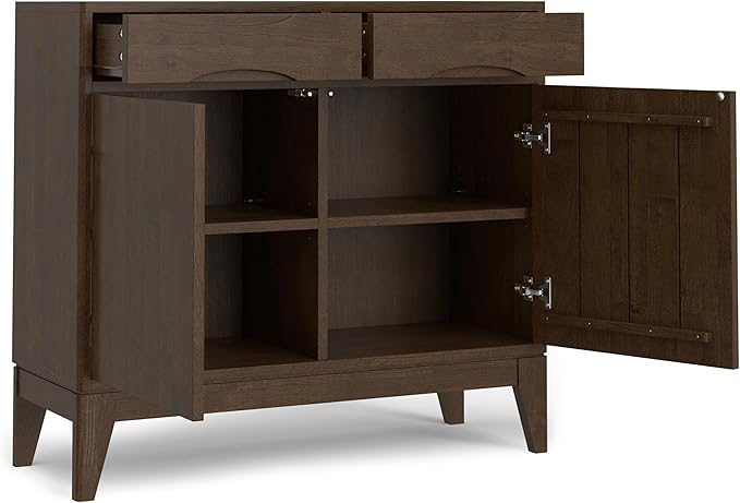 SIMPLIHOME Harper Storage Cabinet - 40 inch Wide Solid Wood Medium Storage Cabinet in Walnut Brown, Mid-Century Modern Cupboard for Entryway or Dining Room with Drawers, Tapered Legs, and Shelves