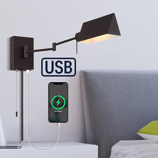 JONATHAN Y 22" Oil Rubbed Bronze 1-Light Swing Arm Wall Sconce, Plug-in or Hardwired with USB Charging Port and Pull Chain, Iron Shade, Industrial LED Reading Lamp JYL6015A