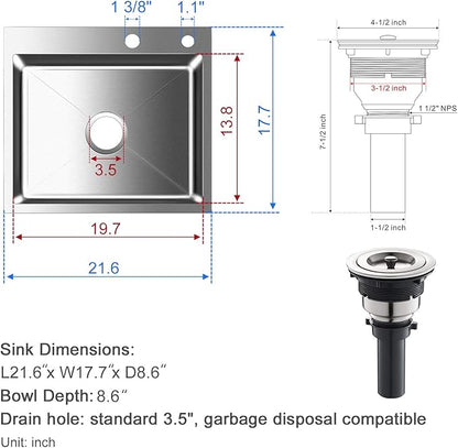 21.6x17.7 inch Drop in Kitchen Sink, Handmade 304 Stainless Steel Sink with 2 Holes, 8.6" Deep Single Bowl, R10 Tight Radius, Topmount Kitchen Sink with Basket Strainer Drain, Brushed