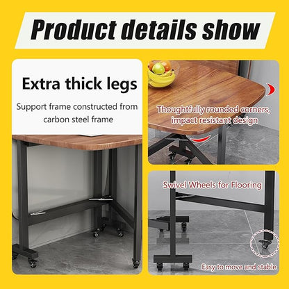 Multifunction Table Drop Leaf Dining Table , 39in/47in Solid Wooden Foldable Kitchen Table with 6 Wheels (Brown), Space Saving Folding Kitchen Table, for Small Spaces Kitchen, Bedroom, Living Room(47.