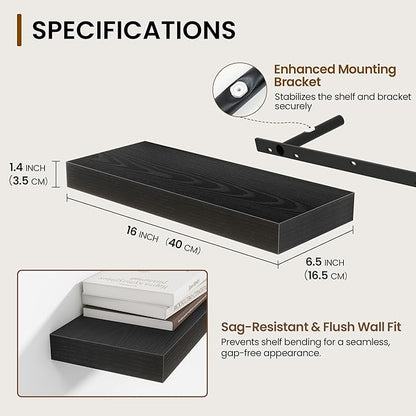 Acovy 16 Inch Floating Shelves for Wall 2 Pack, 16" Wall Shelves for Books, Storage, Decor, Wall Mounted Floating Shelf with Invisible Brackets for Kitchen, Living Room, Black