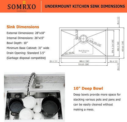 28 Inch Undermount KItchen Sink - 16 Gauge Satainless Steel Kitchen Sink Undermount 28x18,10 Inch Deep Single Bowl Workstation Sinks with Accessories