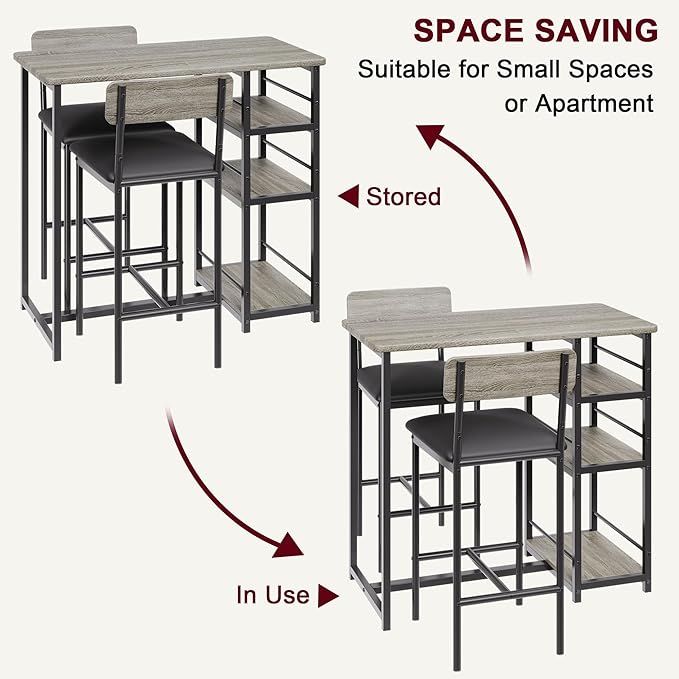 Bar Table and Chair Set with Three Shelves Small 2-Person Dining Table with 2 upholstered stools with backrests Suitable for Restaurants and bistros - Gray