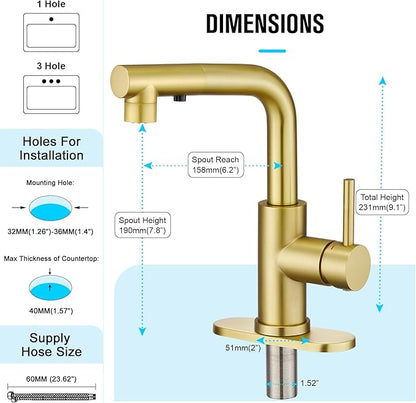 CREA Gold Kitchen Faucet with Pull Down Sprayer - Bathroom & Utility Sink Faucet - Single Handle, 3 or 1 Hole