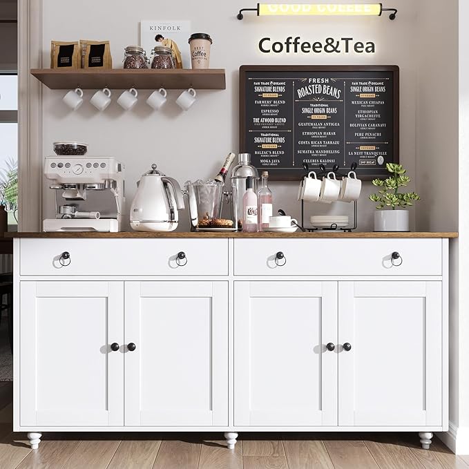 4 EVER WINNER 55" Large Buffet Cabinet with Storage, mid-Century Modern Coffee Bar Cabinet with 2 Drawers, 4 Doors & Adjustable Shelves, White Sideboard for Kitchen, Dining Room