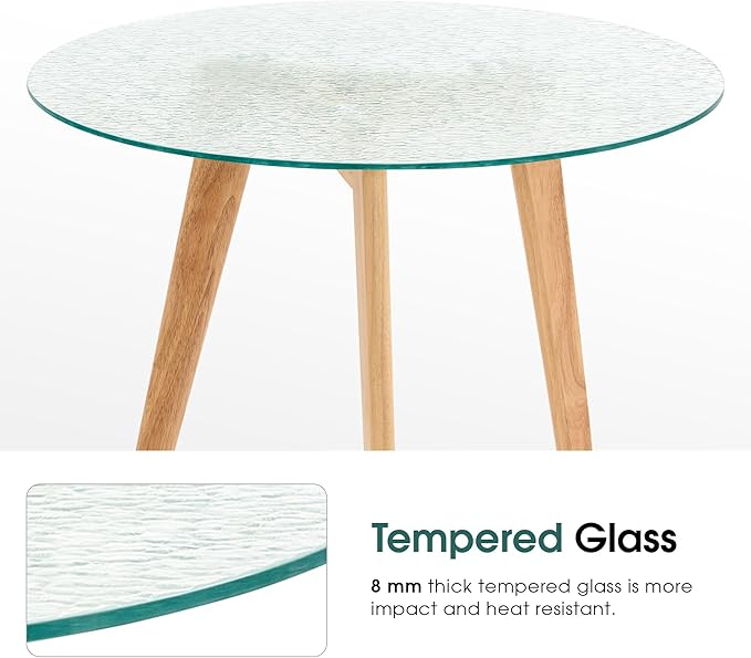 ivinta Round Glass Dining Table for 2-4 People, 31.5" Modern Kitchen Table with Wood Legs for Dining Room Living Room Small Spaces, RD80 (Natural)