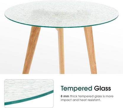 ivinta Round Glass Dining Table for 2-4 People, 31.5" Modern Kitchen Table with Wood Legs for Dining Room Living Room Small Spaces, RD80 (Natural)