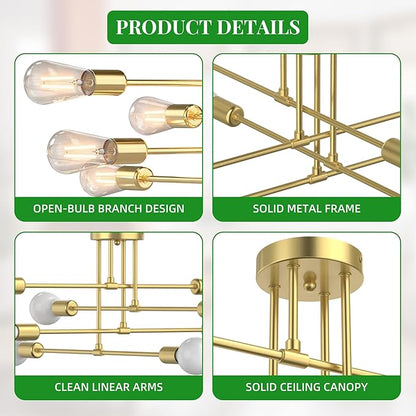 Modern Sputnik Chandelier Ceiling Light Fixtures, 8-Lights Mid Century Industrial Metal Semi Flush Mount for Dining Room, Bedroom, Living Room-Brushed Gold