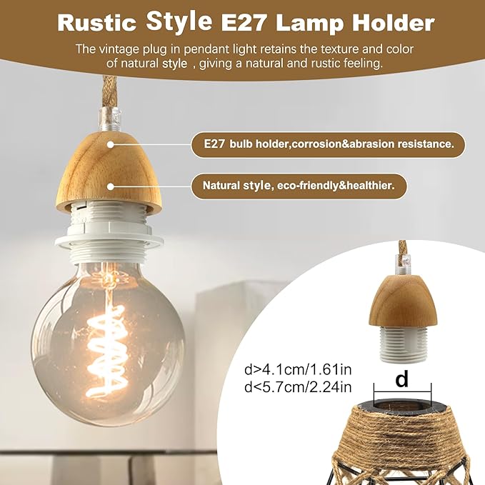 Rustic Plug in Pendant Lighting, 16.7FT Pendant Light Cord Kit, Farmhouse Hanging Lights with Plug in Cord, Vintage Hemp Rope Pendant Light Fixtures, E26 E27 Light Socket, for Kitchen Island