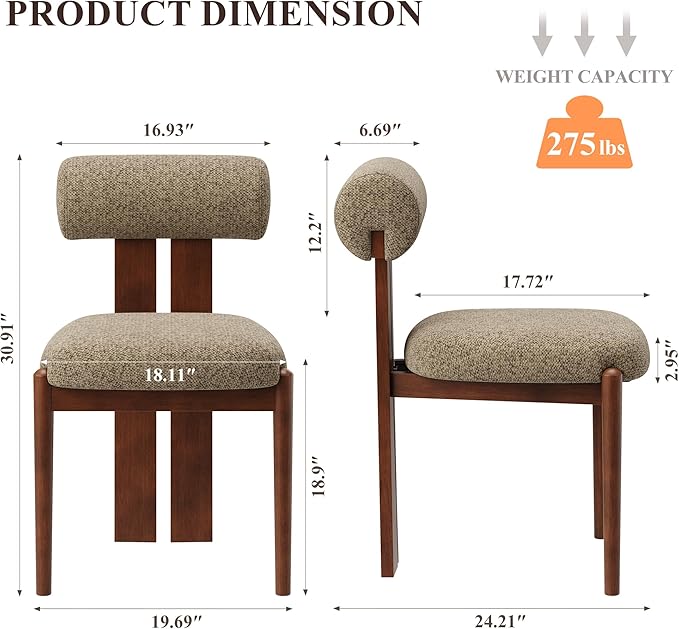 MALOL Modern Wooden Dining Chairs Set of 2, Upholstered Fabric Kitchen Chairs with Sculptural Backrest, Mid-Century Farmhouse Dining Room Chairs with Solid Wood Legs, Camel