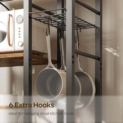 YATINEY Movable Bakers Rack, Microwave Stand with Charging Station, Kitchen Storage Rack with Hooks and Basket, Casters and Adjustable Feet, for Small Space, Kitchen, Dining Room, Rustic Brown HB04UBR