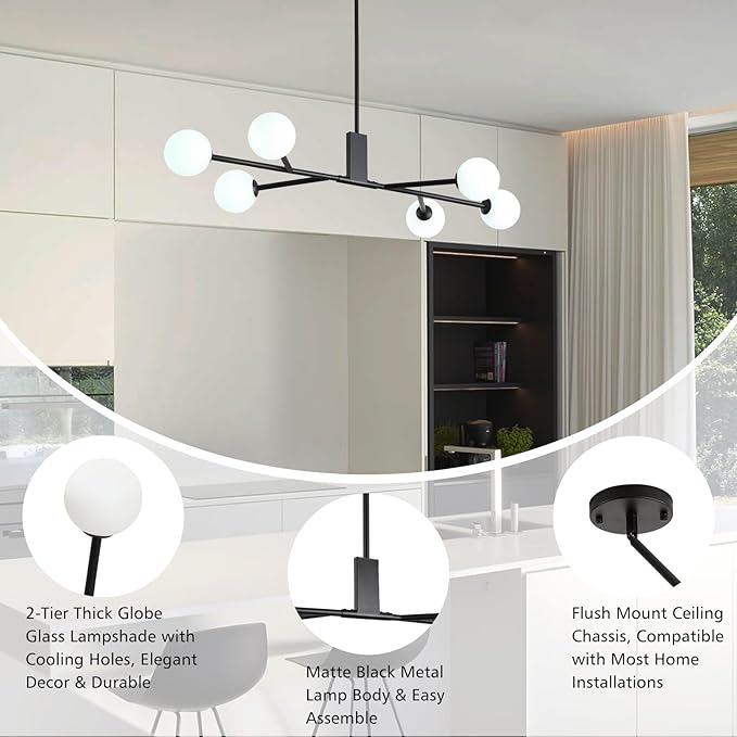 Modern Black Sputnik Island Light, 6-Light Glass Linear Chandelier for Dining Room, 46'' Ceiling Pendant Light Fixture with Globe Lampshade, Large Hanging Lamp Over Table, Bar, G9 Base