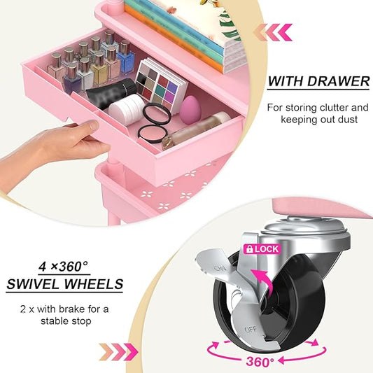 Goovilla 3 Tier Rolling Utility Cart Organizer with Removable Drawer, Stable and Sturdy Pink Rolling Storage Carts with 2 Lockable Wheels for Bathroom, Kitchen, Snack, Craft, Makeup, Baby Essentials