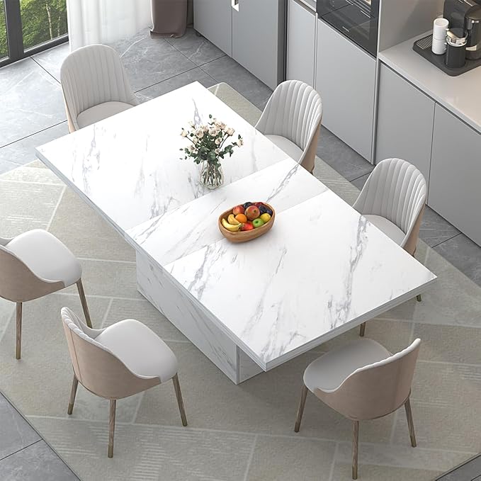 HSH 71” White Faux Marble Dining Table, Rectangle Modern Dinner Kitchen Table for 6-8, Farmhouse Long Kitchen Furniture for Living Room, Industrial Wood Dining Room Table with Sturdy Base