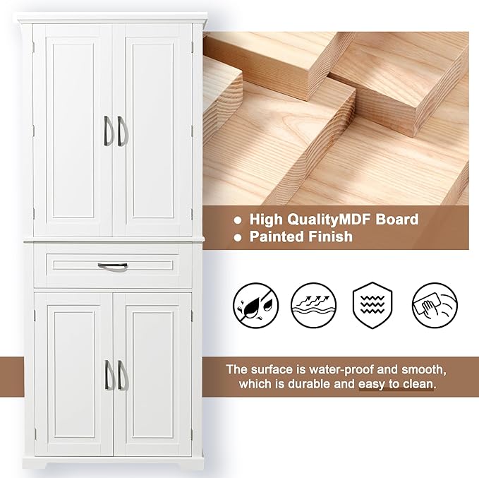 Storage Cabinet with 4 Doors and Drawers, 72.2" H Kitchen Cabinet with 6 Door Shelves, Kitchen Storage Cabinets with Adjustable Shelves for Living Room, White