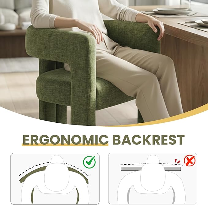 VESCASA Modern Barrel Dining Chairs Set of 4 with Open Back, Chenille Upholstered Accent Kitchen Armchairs with Wood Legs for Dining Room Reception Small Space, Green