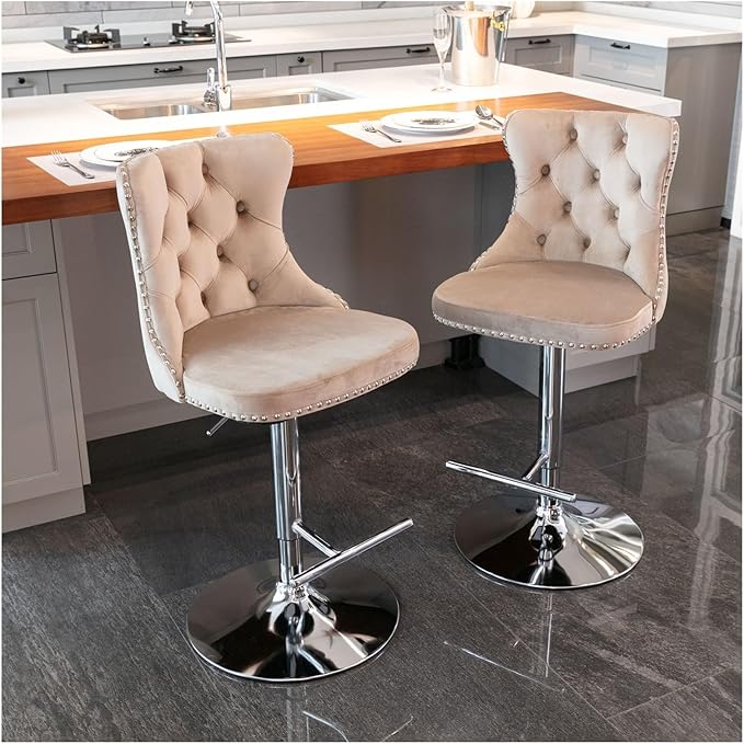 Swivel Velvet Barstools Adjusatble Seat Height from 25-33 Inch, Modern Upholstered Chrome Base Bar Stools with Backs Comfortable Tufted for Home Pub and Kitchen Island（Khaki,Set of 2）