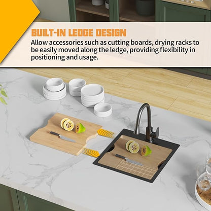 18x18 Inch Black Kitchen Sink Workstation - Stainless Steel Drop In Single Bowl Bar Sink Built-in Ledge Small Topmount Workstation Sink With Accessory-SS Grid Cutting Board,Silicon Mat,Drain Assembly