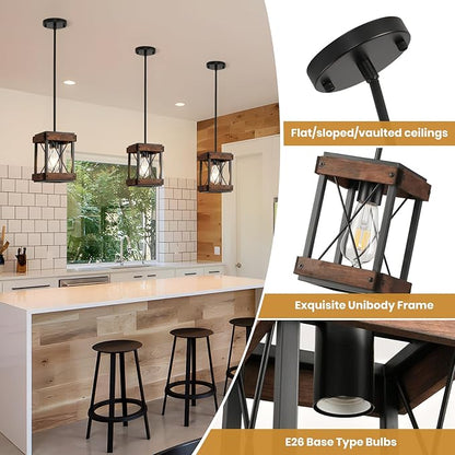 HOXIYA Farmhouse Pendant Light, 2 Pack Rustic Farmhouse Linear Chandelier with Wood and Metal Cage, Kitchen Island Pendant Light Adjustable Height for Dining Room Light Kitchen Island Bedroom