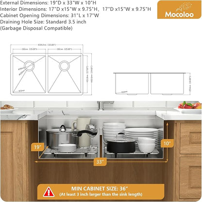 Mocoloo 33 Inch Kitchen Sink Double Bowl 16 Gauge 33 x 19 Stainless Steel Undermount Double Sink 50/50 Two Equal Compartment Under Counter Handmade, 10'' Deep Basin