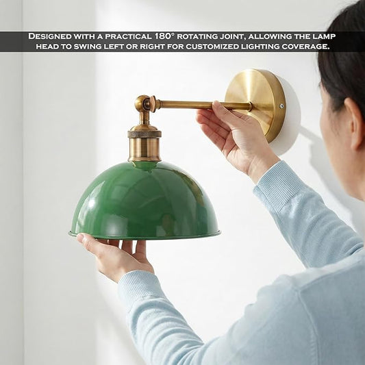 Dome Metal Wall Sconce, 180° Adjustable Industrial Wall Lamp for Bedside, Study, Kitchen, and Living Room Décor. (Green.)