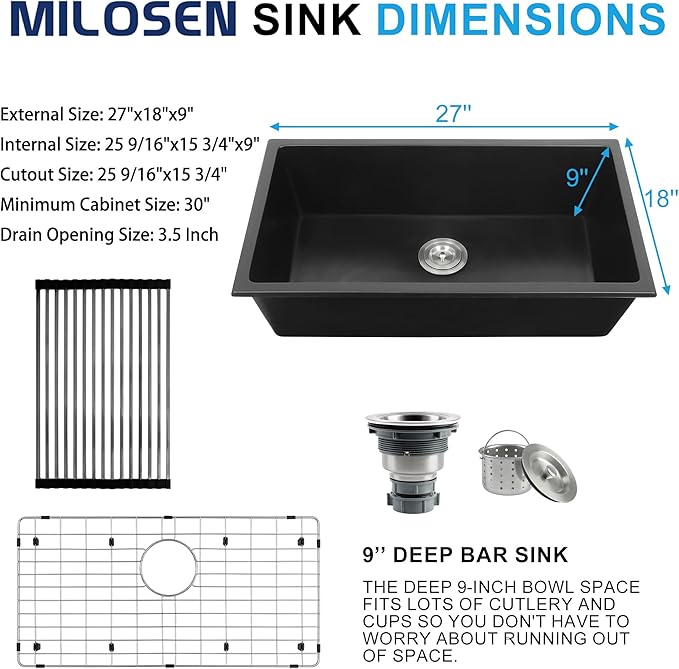 MILOSEN Black Kitchen Sink 27×18×9 Inch, Undermount/Drop In Granite Composite Quartz Single Bowl Sink, Large Deep Undermount Kitchen Sinks with Custom Accessories