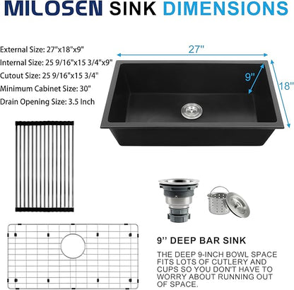 MILOSEN Black Kitchen Sink 27×18×9 Inch, Undermount/Drop In Granite Composite Quartz Single Bowl Sink, Large Deep Undermount Kitchen Sinks with Custom Accessories