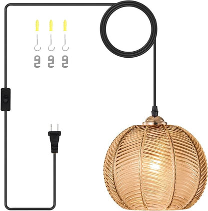 Vintage Corner Hanging Lamps for Living Room, Amber Ribbed Glass Hanging Chandelier with Plug in Cord, Bohemian Swag Pendant Light for Nursery Bedroom Kitchen Dining Sitting Area