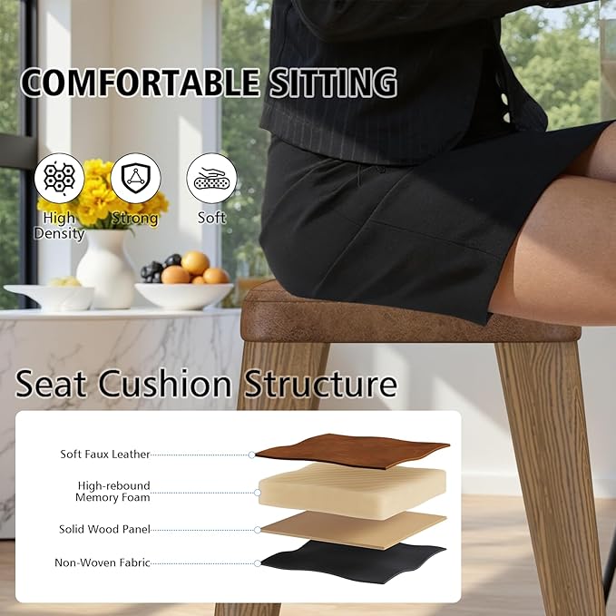 Backless Bar Stools Set of 4, Upholstered Faux Leather Counter Height Stools with Sturdy Metal Legs, 30 Inch Barstools for Kitchen Island (Walnut)