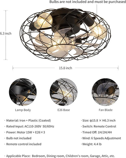 KDG 15.8″ Retro Low Profile LED Ceiling Fans with Light, Reversible Ceiling Fans Flush Mount with Remote and 6 Speeds, E26 Base Buld for Bedroom, Dinning Room, Kids Room, Kitchen