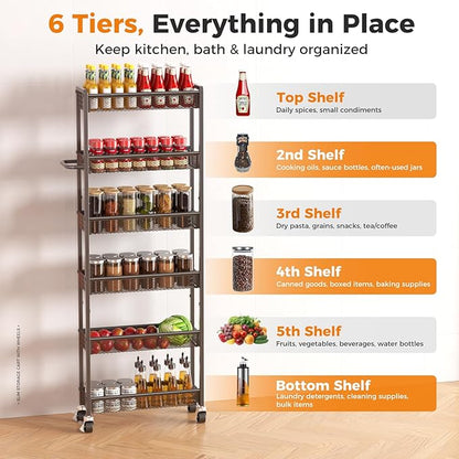 6 Tier Slim Storage Cart with Wheels, 6" D Rolling Storage Cart for Small Space, Metal Narrow Spice Cabinet Mobile Shelving Unit Organizer with Handle for Kitchen, Laundry - Black