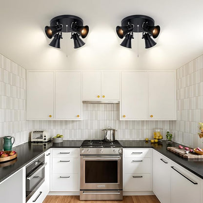 SEEBLEN 4-Light Industrial Track Lighting with Pull Chain On/Off Switch, Adjustable Round Kitchen Ceiling Light, Morden Black Flush Mount Directional Light for Kitchen, Hallway, Dining Room.